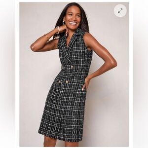 Talbots Double Breasted Tweed Mini Dress Sleeveless Black White Metallic Size 16